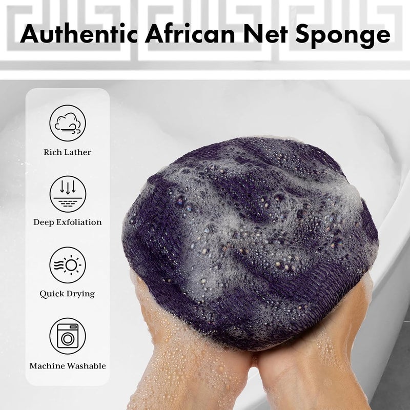 Bathway African Net Sponge Authentic with Handles (Set of 2), African Exfoliating Net Sponge, Exfoliating Body Scrubber Bath Sponge - Bathing Accessories with Storage Bag (Purple & Rose) - Image 2